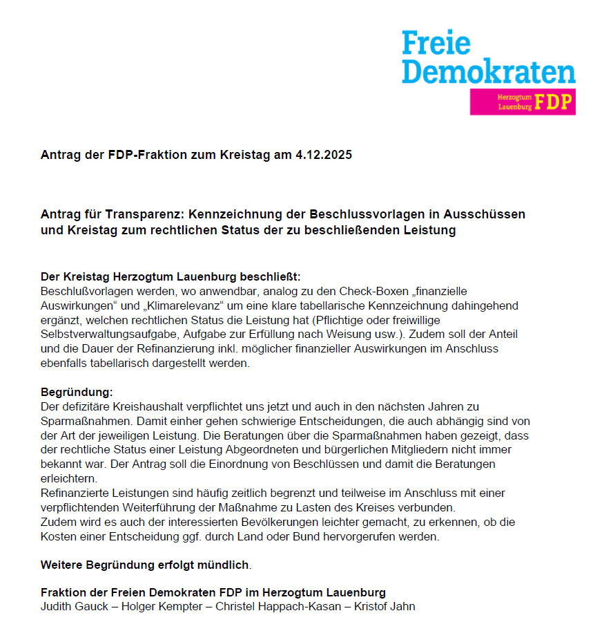 Kompletter Antrag für Transparenz im Kreis Herzogtum Lauenburg der FDP